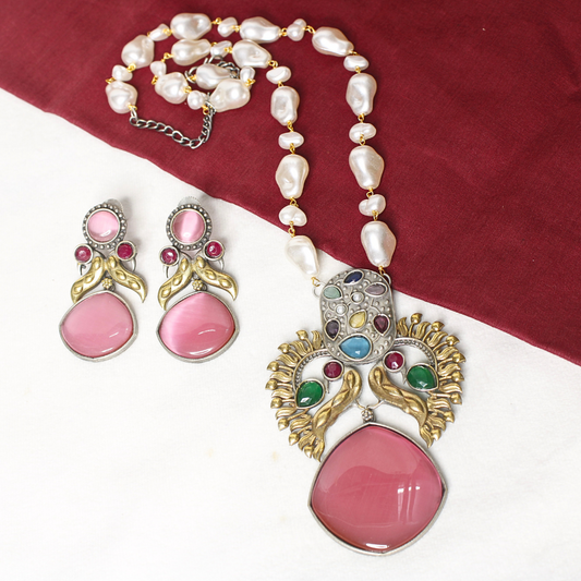 ANTIQUE MULTICOLOR STONE PINK PEARL NECKLACE SET - ETHNIC JEWELRY