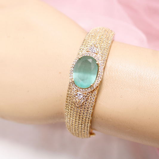 Oval Turquoise Green Stone Openable Bracelet – Premium Gold Kada