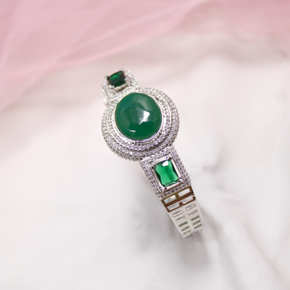 Green Stone Openable Kada – Silver Finish Luxury Bracelet