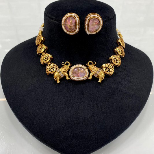Antique Temple Elephant Necklace Set – Rose Pink Stone & Pearl Lining