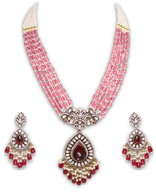 Pink beaded, moissanite & American Diamond Necklace Set