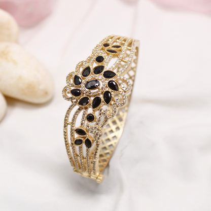 Black Stone Floral AD Openable Kada – Gold Finish Designer Bracelet