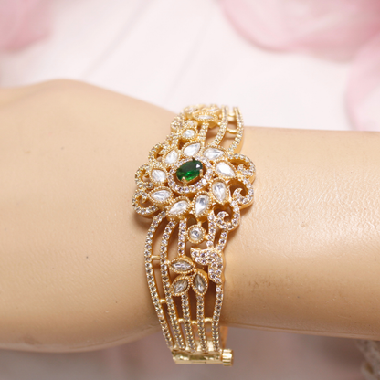 Green Stone Floral AD Openable Kada – Gold Finish Bracelet