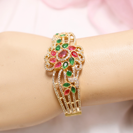 Red & Green Stone Floral AD Openable Kada – Gold Finish Bracelet