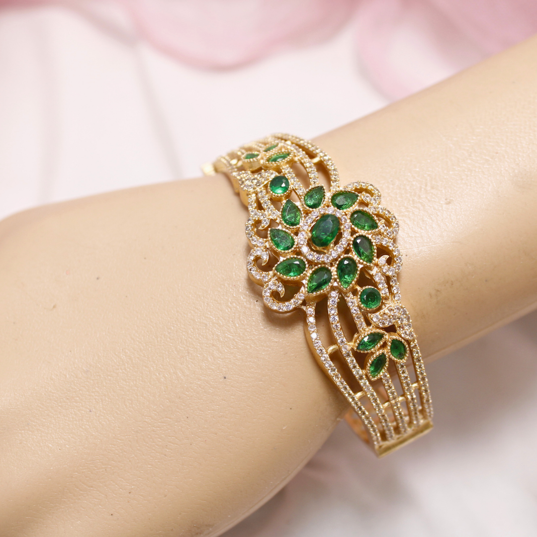 Green Stone Floral AD Openable Kada – Gold Finish Emerald Look Bracelet