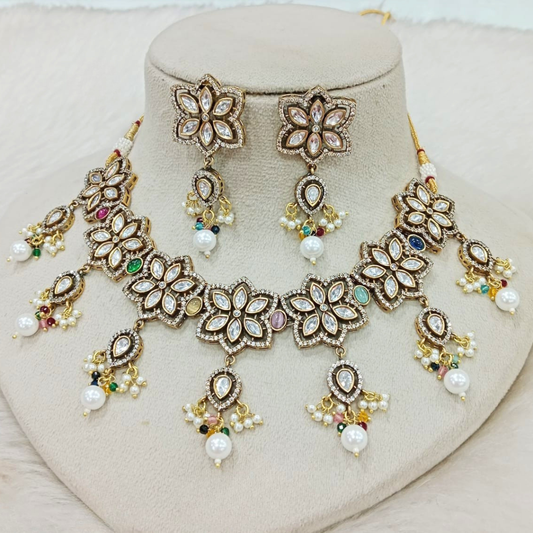 Aadrika Floral Polki Necklace Set with Multi-Colour Beads