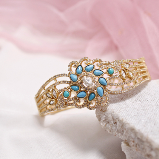 Turquoise Blue Stone Floral AD Openable Kada – Gold Finish Bracelet