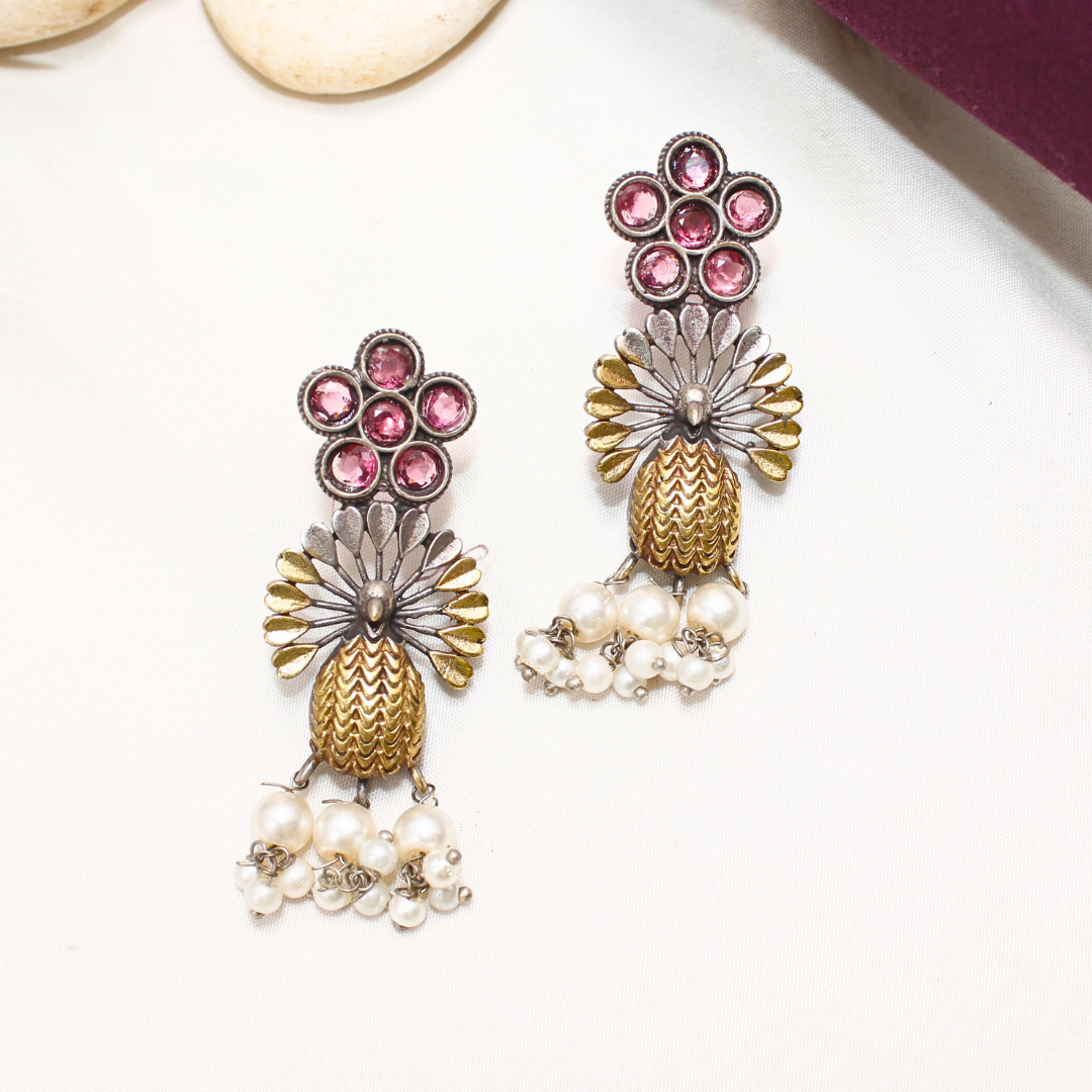 Dual Tone Pendant Set with Wine Red Stones