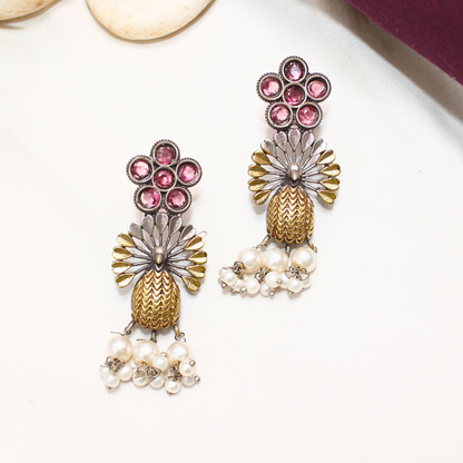 Dual Tone Pendant Set with Wine Red Stones