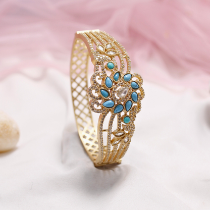 Turquoise Blue Stone Floral AD Openable Kada – Gold Finish Bracelet
