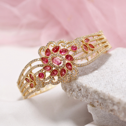 Red Stone Floral AD Openable Kada – Gold Finish Designer Bracelet