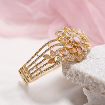 Pink Stone Floral AD Openable Kada – Gold Finish Bracelet