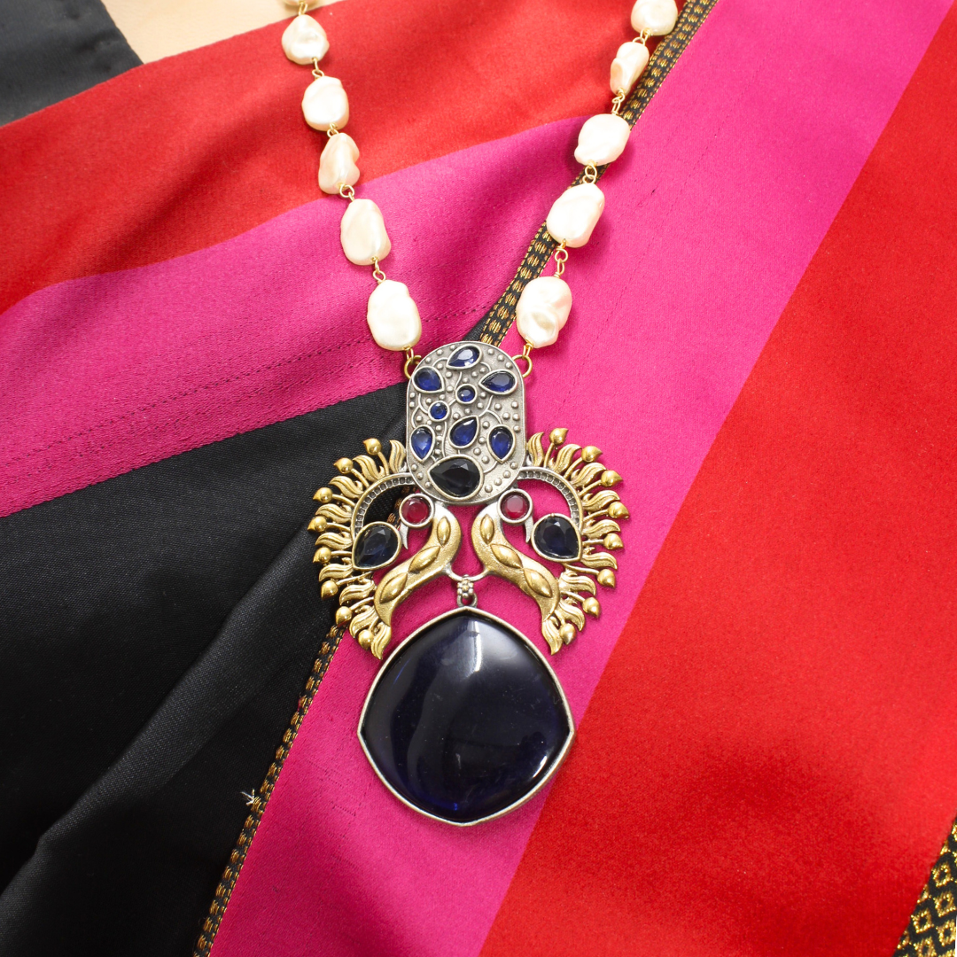 ANTIQUE ROYAL BLUE STONE PEARL NECKLACE SET - ETHNIC JEWELRY
