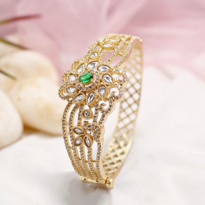 Green Stone Floral AD Openable Kada – Gold Finish Bracelet