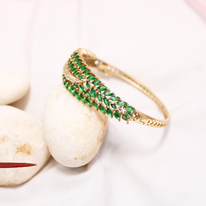 Emerald Green Leaf Design AD Openable Kada – Gold Finish Bracelet