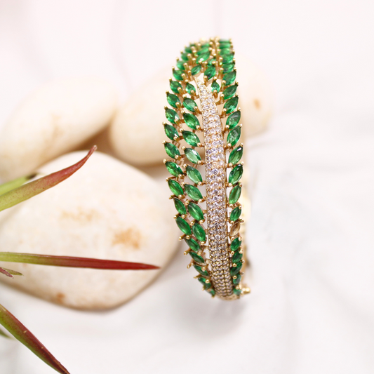 Emerald Green Leaf Design AD Openable Kada – Gold Finish Bracelet