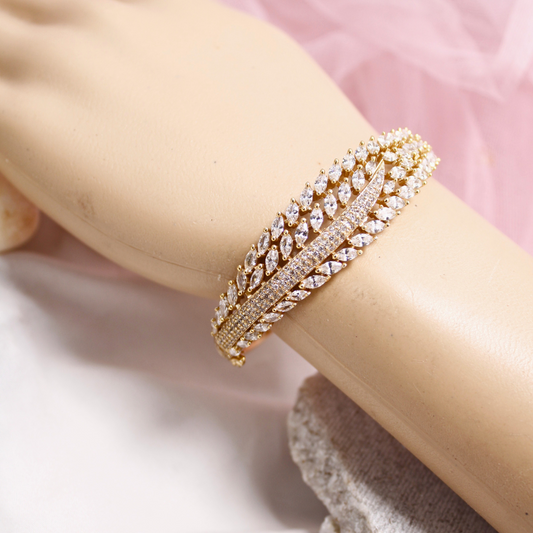 White Stone Leaf Design AD Openable Kada – Gold Finish Diamond Look Bracelet