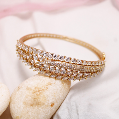 White Stone Leaf Design AD Openable Kada – Gold Finish Diamond Look Bracelet