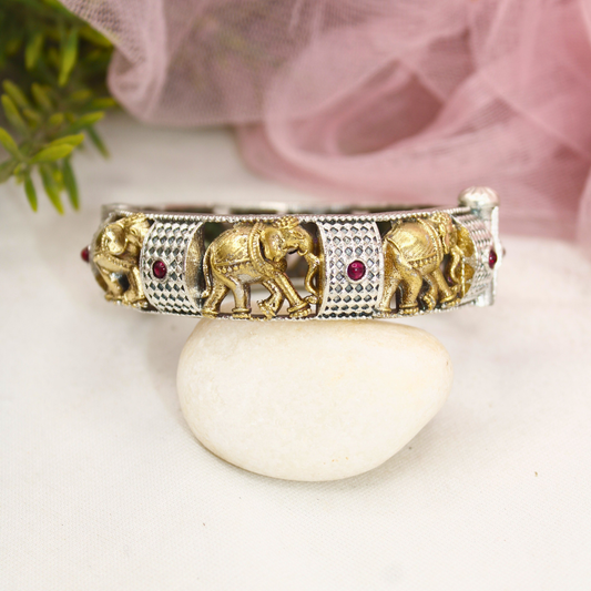 Elephant Motif Dual-Tone Kada with Ruby Stones