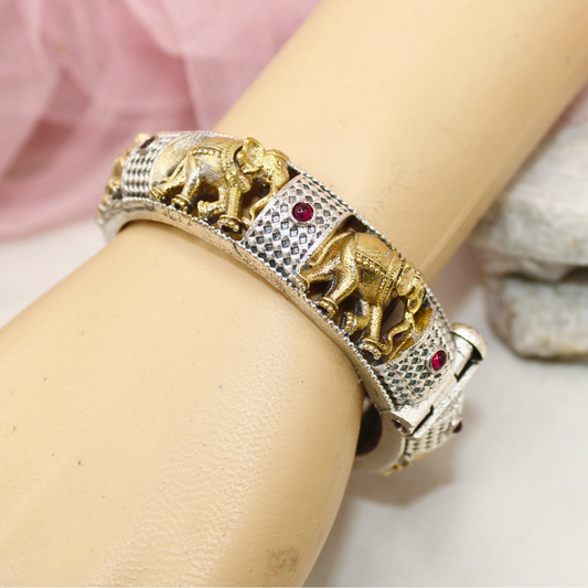Elephant Motif Dual-Tone Kada with Ruby Stones