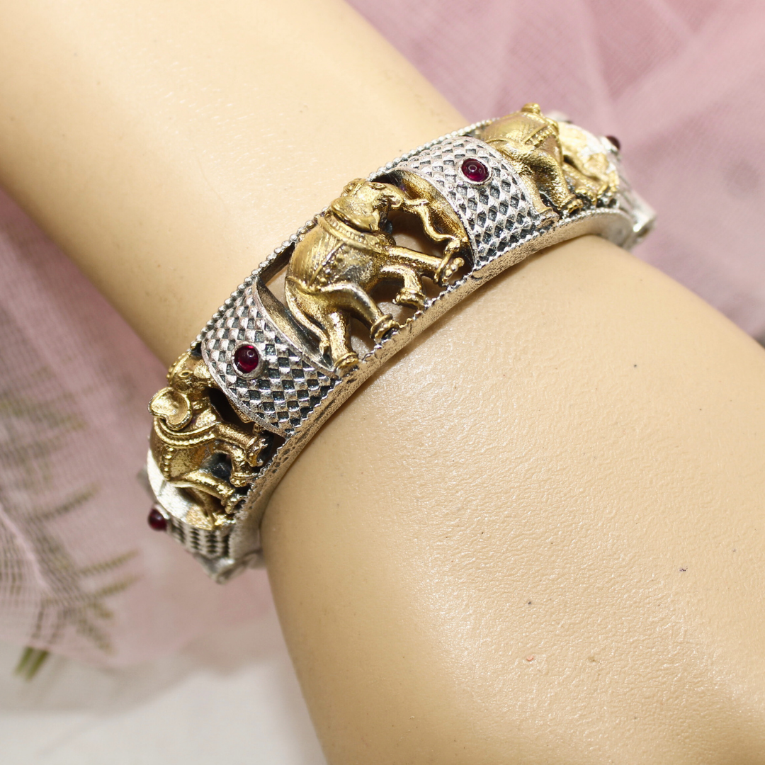 Elephant Motif Dual-Tone Kada with Ruby Stones