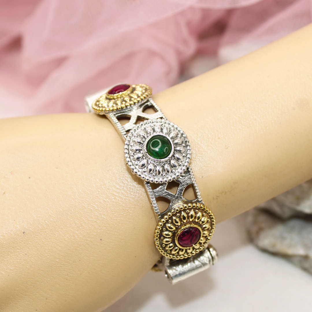 Antique Dual-Tone Kada with Green & Ruby Red Stones