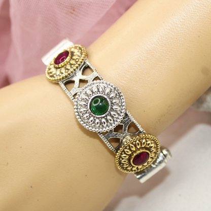 Antique Dual-Tone Kada with Green & Ruby Red Stones