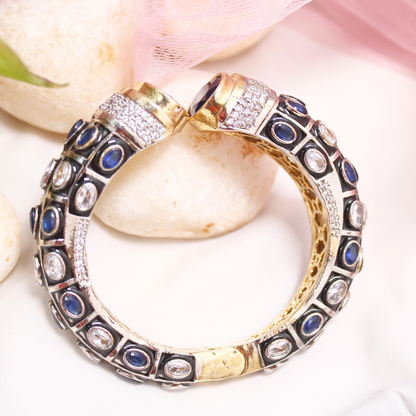 Rajwadi Stone & Meenakari Kada – Gold Plated Blue & White Openable Bangle