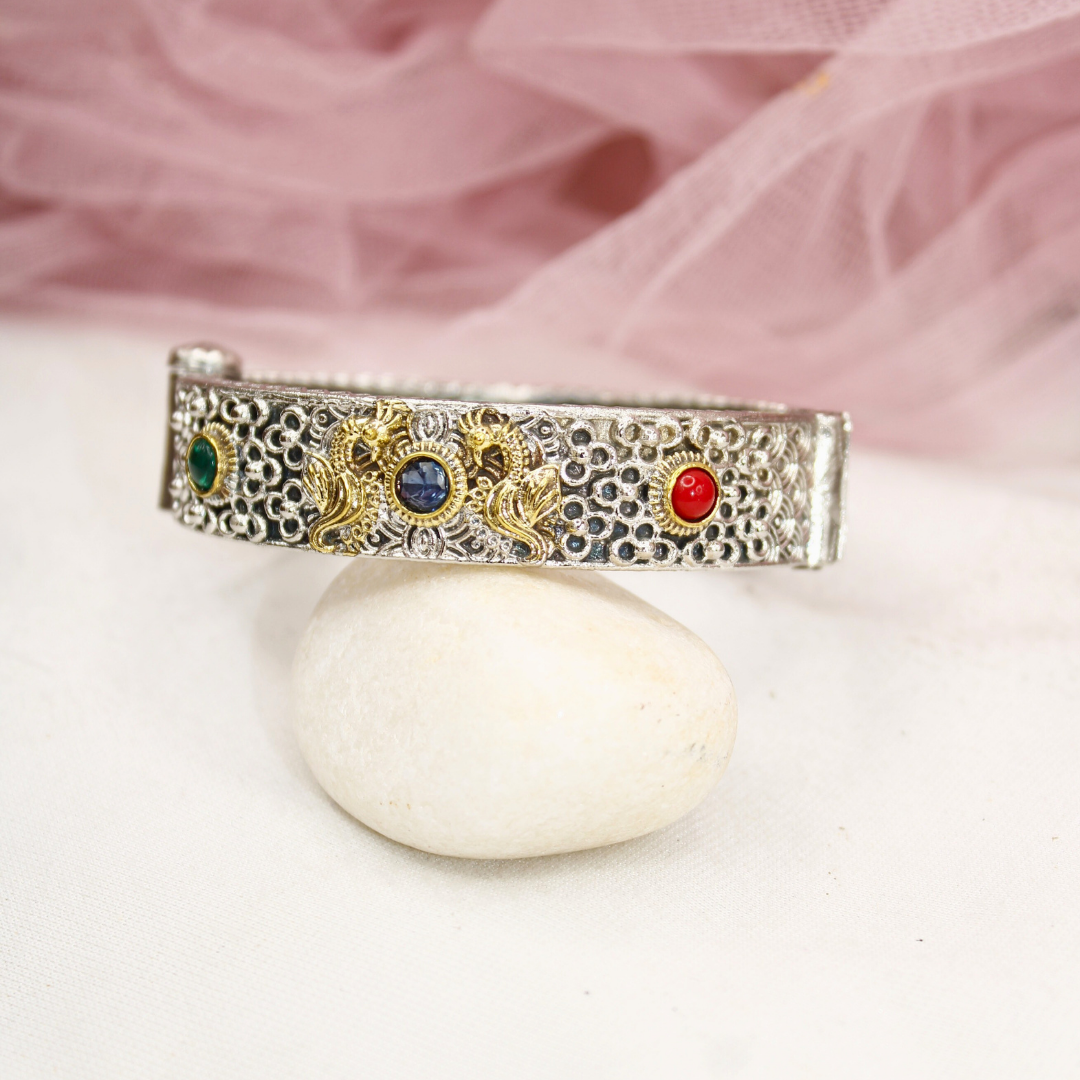 Antique Dual-Tone Kada with Red, Blue & Green Stones