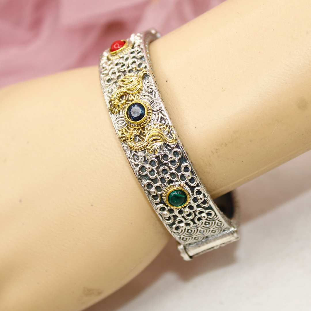 Antique Dual-Tone Kada with Red, Blue & Green Stones