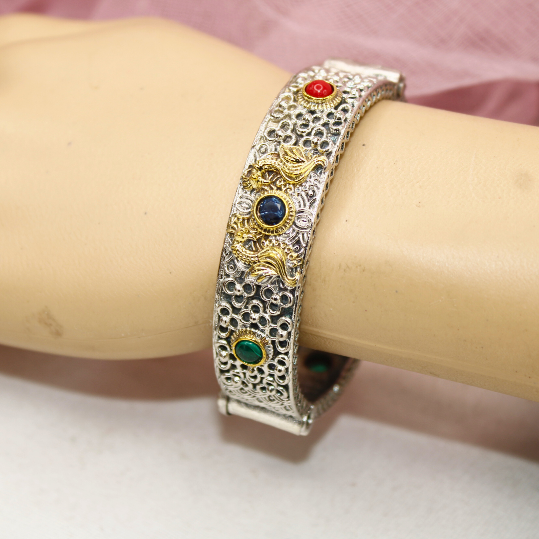 Antique Dual-Tone Kada with Red, Blue & Green Stones
