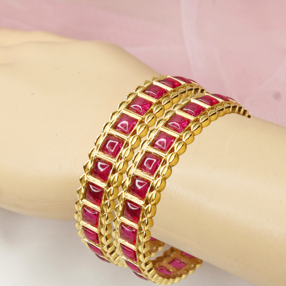 Ruby Pink Stone Bangles Set of 2 – Gold Plated Bridal & Festive Bangles