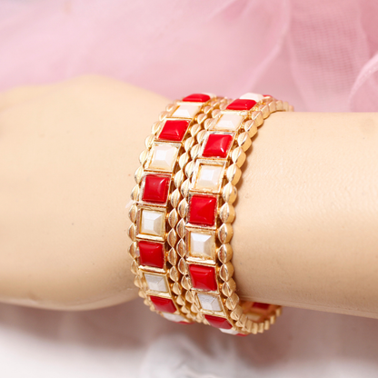 Rajwadi Square Coral Red & White Stone Bangles Set of 2