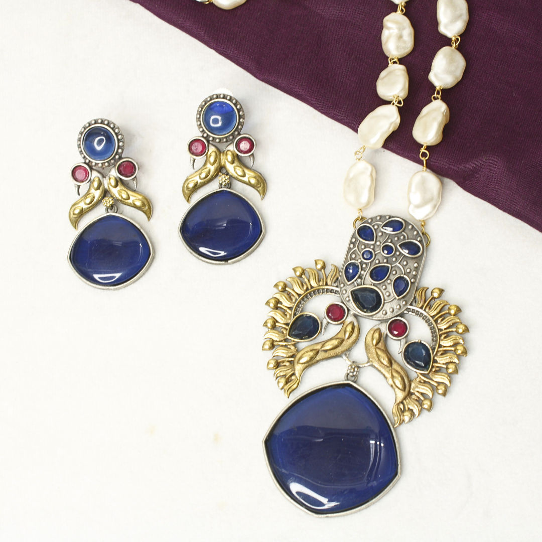 ANTIQUE ROYAL BLUE STONE PEARL NECKLACE SET - ETHNIC JEWELRY