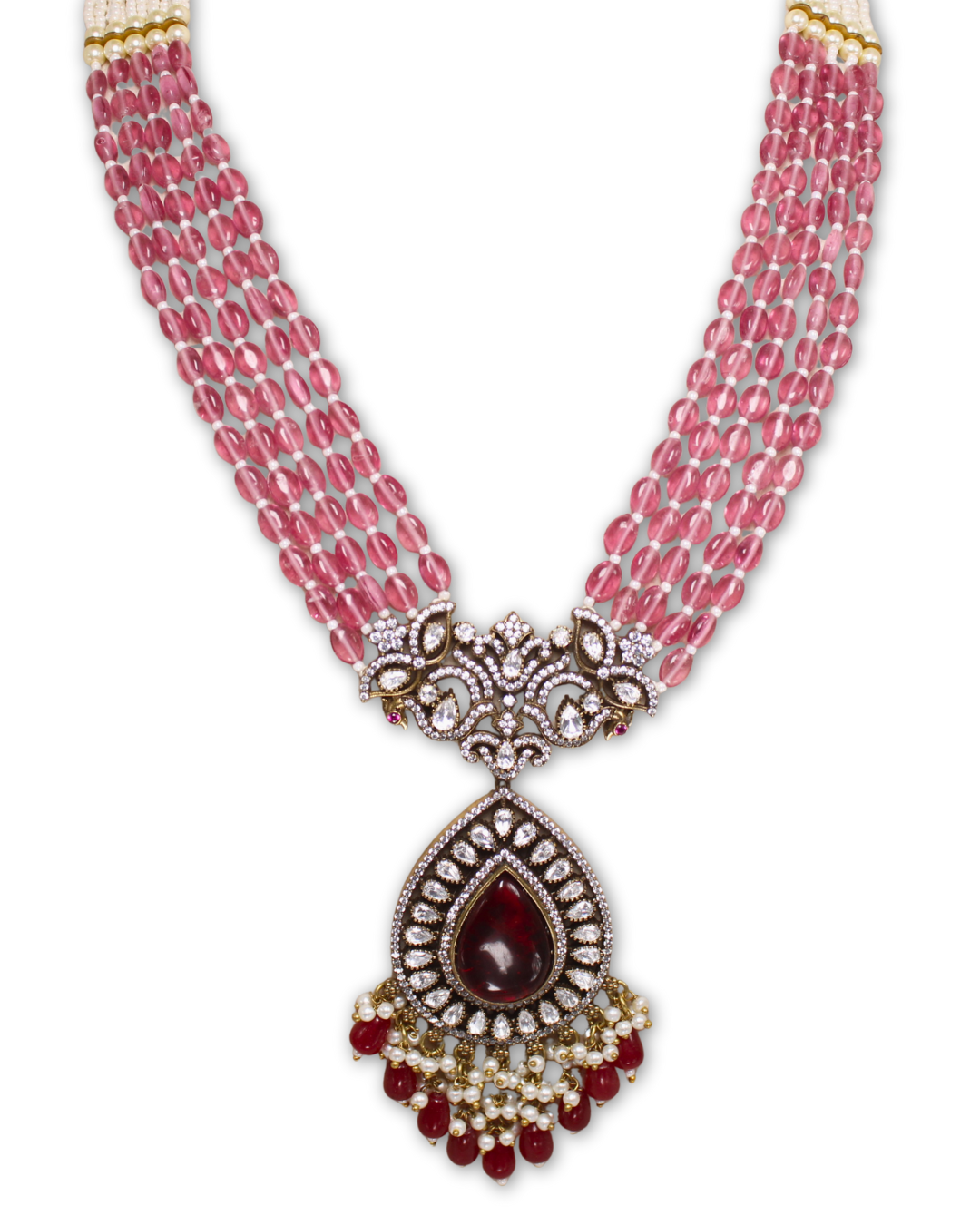 Pink beaded, moissanite & American Diamond Necklace Set