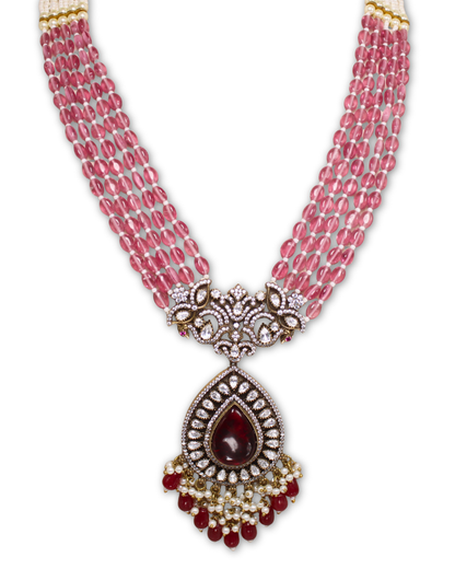 Pink beaded, moissanite & American Diamond Necklace Set