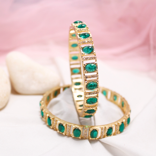 Green Zircon/AD Gold Plated Bangle Set of 2