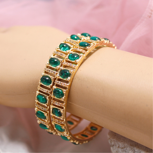 Green Zircon/AD Gold Plated Bangle Set of 2