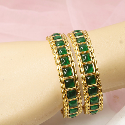 Green Square Stone Bangles Set of 2 – Gold Plated Traditional Bangles