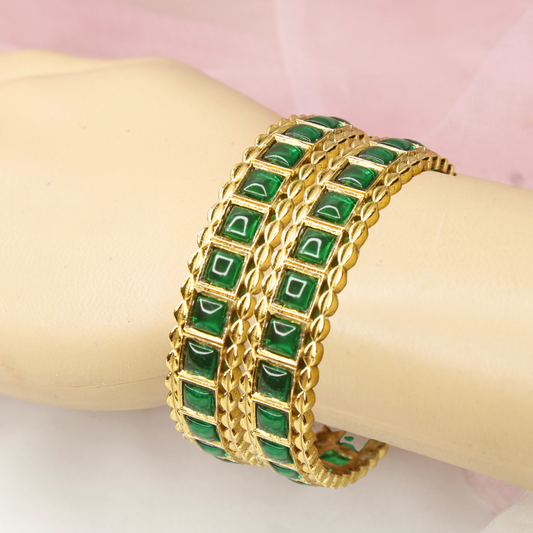 Green Square Stone Bangles Set of 2 – Gold Plated Traditional Bangles
