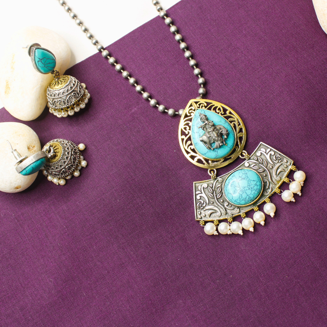 Turquoise Krishna Cow Motif Pendant Set