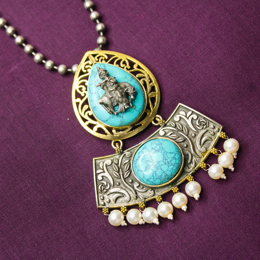 Turquoise Krishna Cow Motif Pendant Set