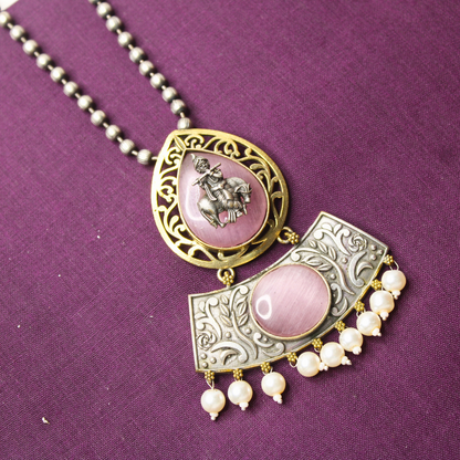 Pink Krishna Cow Motif Pendant Set
