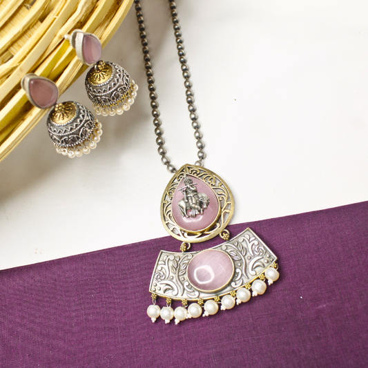 Pink Krishna Cow Motif Pendant Set