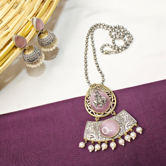 Pink Krishna Cow Motif Pendant Set