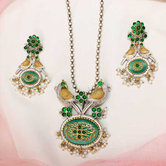 Green Dual Tone Peacock Pendant Set