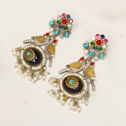 Navratan Dual Tone Peacock Pendant Set