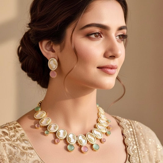 GULMOHAR-MOTHER OF PEARL STONE NECKLACE SET-MAUVE & MINT