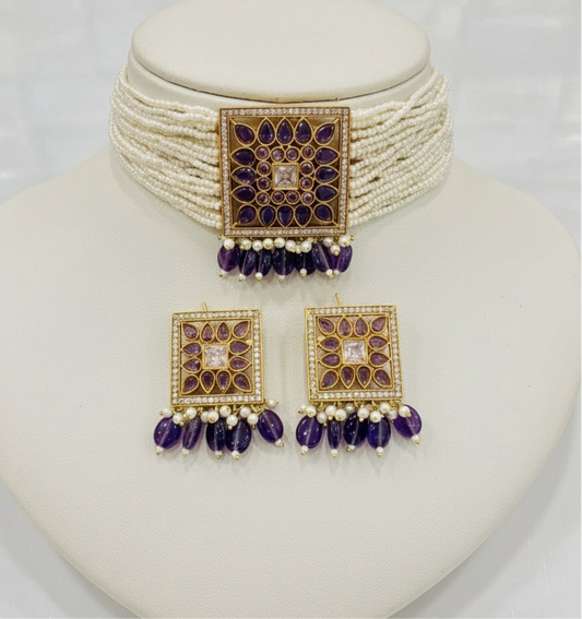 Noor-E-Afreen Pearl Choker Set – Royal Violet Amethyst Editi