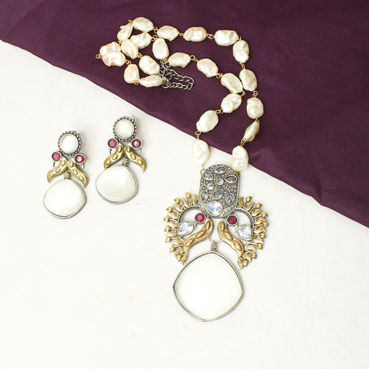 ANTIQUE WHITE STONE PEARL NECKLACE SET - ETHNIC JEWELRY